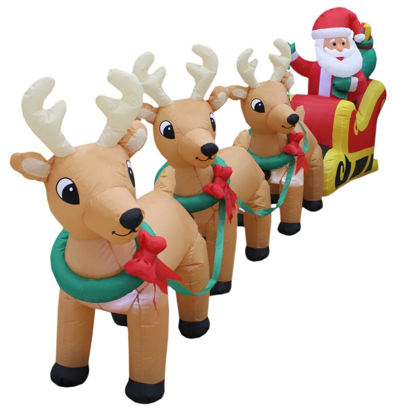 HUGE 12' Long SANTA IN SLEIGH PULLED BY top REINDEER CHRISTMAS INFLATABLE YARD DECOR